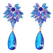 L1905-Brinco Gota Grande Flor Strass Zircônia Rosa Pink Azul Furta cor Festa Natal Formatura Namorada Debutante Brilho -