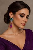 L1905-Brinco Gota Grande Flor Strass Zircônia Rosa Pink Azul Furta cor Festa Natal Formatura Namorada Debutante Brilho -