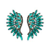 L1913-Brinco Feminino Strass Zirconia Leque Verde Colorido Rosa Luxo Festa Natal Formatura Namorada Debutante Brilhante
