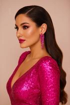 L1951-Brinco Feminino Longo Strass Zirconia Rosa Pink Folha Festa Debutante Formatura Namorada Presente Brilhante