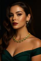 L2205- Conjunto Feminino Colar Brinco Flor Gota Dourado Verde Esmeraldal Festa Formatura Madrinha Dia maes Namorado