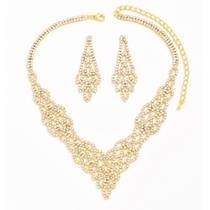 L2914-Conjunto Feminino Colar e Brinco Dourado Strass Zirconia Festa Casamento Noiva Réveillon Formatura Brilhante L2914-Conjunto Feminino Colar e Brinco Dourado Strass Zirconia Festa Casamento Noiva Réveillon Formatura Brilhante