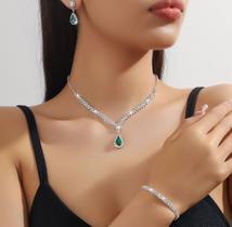 L2921-Conjunto Feminino Colar e Brinco Pulseira Verde Esmeralda Gota Zirconia Festa Formatura Madrinha Noiva Minimalista