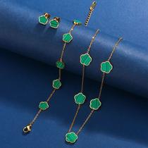 L3018-Conjunto Feminino Colar Brinco Pulseira Aço inoxidável Antialergico Verde Trevo Virgínia Festa Formatura Namorados