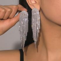 L32-L1906-Brinco Feminino Longo Franja Strass Zirconia Prata Festa Casamento Noiva Formatura Réveillon Namorada Brilho