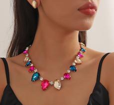 L32-L1931-Conjunto Feminino Colar e Brinco Zirconia Gota Rosa Pink Colorido Prata Festa Debutante Casamento Noiva Luxo