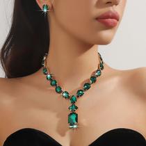 L32-L1980-Conjunto Feminino Colar e Brinco Zirconia Verde Esmeralda Gota Pingente Natal Festa Formatura Dia Maes Luxo