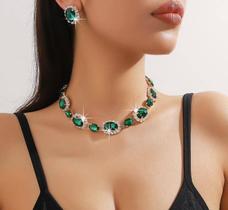 L32-L1982-Conjunto Feminino Colar e Brinco Strass Zirconia Oval Verde Esmeralda Festa Natal Formatura Presente Brilhante L32-L1982-Conjunto Feminino Colar e Brinco Strass Zirconia Oval Verde Esmeralda Festa Natal Formatura Presente Brilhante