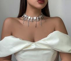 L32-L2009-Colar Feminino Choker Zirconia Strass Prata Festa Casamento Réveillon Noiva Amor Romance Brilhante Luxo