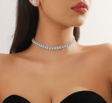 L3208-Conjunto Feminino Colar e Brinco Choker Riviera Strass Zirconia Azul Esmeralda Festa Casamento Natal Minimalista