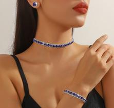 L3222-Conjunto Feminino Colar Brinco Pulseira Choker Rivieira Zirconia Azul Esmeralda Dourado Festa Casamento Réveillon L3222-Conjunto Feminino Colar Brinco Pulseira Choker Rivieira Zirconia Azul Esmeralda Dourado Festa Casamento Réveillon