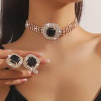 L3245-Conjunto Feminino Colar Brinco Choker Strass Zirconia Preto Quadrado Grande Festa Formatura Presente Brilhante