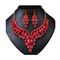L3509-Conjunto Feminino Colar e Brinco Vermelho Zirconia Marquise Grande Luxo Festa Natal Formatura Namorados