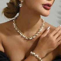 L3519-Conjunto Feminino Colar e Brinco Pulseira Pérola Branco Zirconia Dourado Festa Casamento Noiva Casal Elegante L3519-Conjunto Feminino Colar e Brinco Pulseira Pérola Branco Zirconia Dourado Festa Casamento Noiva Casal Elegante