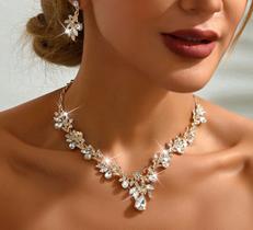L3520-Conjunto Feminino Colar Brinco Zirconia Prata Dourado Gota Folha Festa Casamento Noiva Réveillon Formatura brilho
