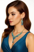 L3522-Conjunto Feminino Colar e Brinco Zirconia Gota Azul Turquoise Festa Formatura Casal Madrinha Namorados