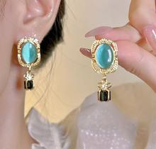 L4003-Brinco Feminino Azul Turquesa Dourado Elegante Festa Formatura Madrinha Namorada Brilhante Vintage
