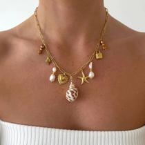 L7703-Colar Feminino Aço cirúrgico Ouro 18k Luxo Concha Cadeado Estrela Festa Presente