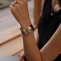 L7716-Bracelete Aço Cirúrgico Ouro 18k Luxo Larga Martelado Polido Pulseira Festa Brilhante