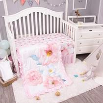 La Premura Watercolor Rose Nursery Crib Bedding Set, 4 Peças Standard Size Conjuntos de Cama de Berço para Meninas, Rosa Pastel & Azul Bebê