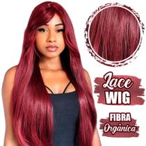 Lace Wig Lisa e Comprida Cabelo Orgânico com Franjão Lateral