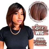 Lace Wig Peruca Curta Long Bob com Franja e Cabelo Orgânico - Rass Hair