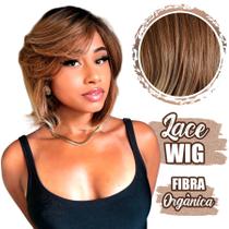 Lace Wig Peruca Curta Long Bob com Franja e Cabelo Orgânico - Rass Hair