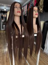 Lacewig peruca lace 1 metro super longa lisa fibra premium preta lisa morena iluminada castanho Lacewig peruca lace 1 metro super longa lisa fibra premium preta lisa morena iluminada castanho