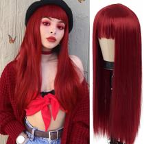 Lacewig, peruca, vermelha, ruiva, marsala, lisa, franja, longa, 75cm