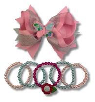 Laço Cabelo Borboleta Com 5 Pulseiras Infantil Luxo Festa -
