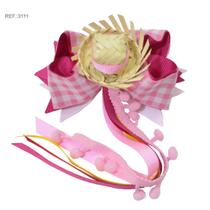 Laço para Cabelo Festa Junina Xadrez Rosa Pink Com mini Chapéu