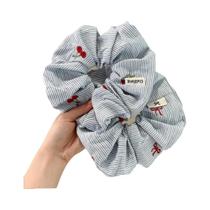 Laços De Cabelo Azul Listrado Com Laço Vermelho Cherry Scrunchie 2pcs Estilo Delicado Coreano