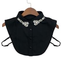 Ladies Women Water Drop Imitação Crystal Chiffon Falso Colares Joias Rhinestone Lapela Botão Destacável Para Baixo Meia Camisa Blusa - Preto