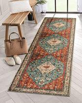 Lahome Boho Tribal Runner Rug - 2x7 Persa Hallway Kitchen Runner Rug Washable Bathroom Laundry Mat Faux Wool Non-Slip Floor Carpet for Entryway Bedroom Living Room, Rust/Dull Teal