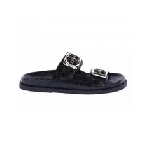 Laila - Papete Flat Croco Preto com Fivelas Douradas