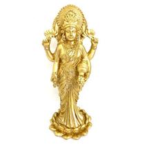Lakshmi Na Flor De Lótus Em Pé Dourado Em Resina 25 Cm - Bialluz Presentes