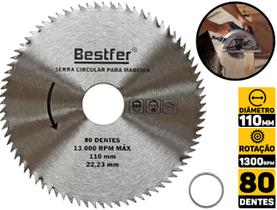 Lâmina De Serra Circular S/ Vídea Madeira 80 Dentes Bestfer BFH0977