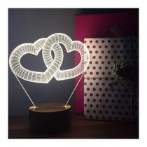 Lâmpada 3D By-Lamp Double Heart com base de madeira feita à mão