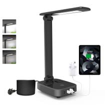 Lâmpada de mesa LED com 4 portas de carregamento USB e 2 tomadas AC, cabo de extensão de 5 pés, fonte de alimentação, 3 níveis de brilho, controle de escurecimento de toque, mesa de escritório, luminária para cuidados com os olhos, quarto, hotel