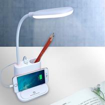 Lâmpada de mesa LED com conexão USB, suporte para telefone e suporte para caneta
