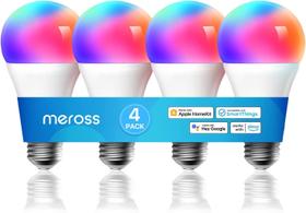 Lâmpada inteligente Meross, lâmpadas LED WiFi inteligentes compatíveis com Apple HomeKit, Siri, Alexa, Google Assistant e SmartThings, regulável E26 multicolor 2700K-6500K RGBWW, equivalente a 900 lúmens e 60 W, pacote com 4