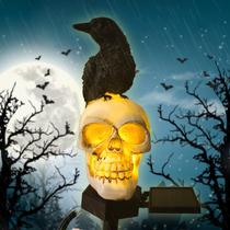 Lâmpada solar de Halloween QH e caveira de jardim com corvo preto Lâmpada solar de Halloween QH e caveira de jardim com corvo preto