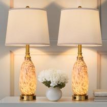 Lámpara de Mesa y Velador de Vidrio Arte Moderno AIDENOEY de 26", Base Regulable Sin Escalones + Luz Regulable de 3 Colores, Puertos de Carga USB A/C, Control Táctil y Interruptor para Dormitorio, Sala, Oficina y Estudio