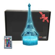 Lámpara MARZIUS Torre Eiffel 3D Ilusión LED, Control Remoto 16 Colores