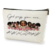 LANBAIHE Deus diz que você é único especial-afro-americano cosméticos bolsa de maquiagem viagem Black Girl & Women Gift Inspirational Gifts, presentes para amigos, irmãs, mãe e tia, bege, 9.8 * 7.9 * 0.35inch, B-107 - YIROCKAABBTT