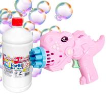 Lançador Bolhas Automático Brinquedo Rosa + 1 Litro de Refil