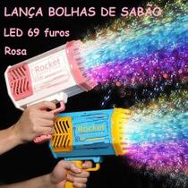 Lançador Bolhas de Sabão Luz LED 69 Furos Arminha Bazooka - Rosa
