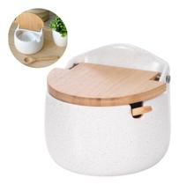 Lançamento 2025 Saleiro Porcelana Tampa e Colher Bambu Original Moderno Porta Condimentos 450g Lançamento 2025 Saleiro Porcelana Tampa e Colher Bambu Original Moderno Porta Condimentos 450g
