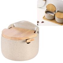 Lançamento 2025 Saleiro Porcelana Tampa e Colher Bambu Original Moderno Porta Condimentos 450g