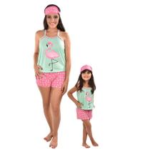 Lançamento! Combo Com 2 Unidades Pijama Sendo 1 Mãe e 1 Filha - Roupa de Dormir Conforto e Leveza Estampa de Flamingo